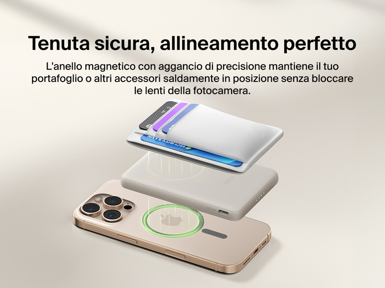 Belkin BoostCharge Slim Magnetic Power Bank 5K shown magnetically aligned between a smartphone and wallet accessory, demonstrating precise magnetic ring for secure attachment and camera-safe design.