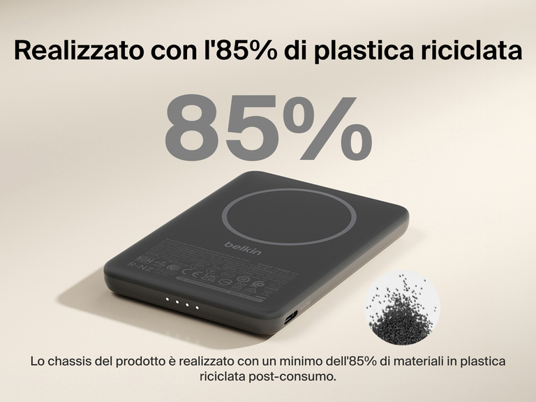 Belkin BoostCharge Slim Magnetic Power Bank 5K shown with text highlighting that its housing is made from 85% post-consumer recycled plastic for sustainable design.