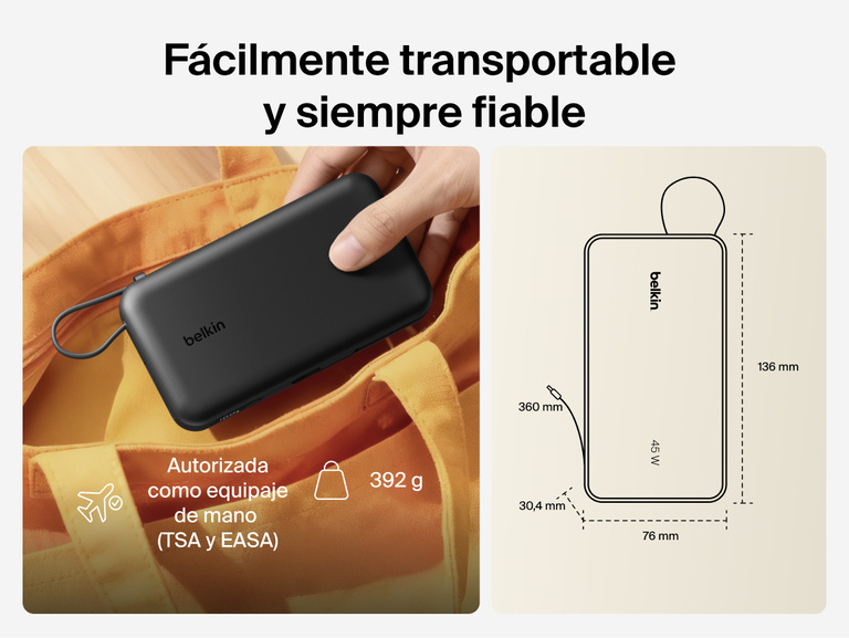 Belkin UltraCharge 20K 45W power bank with integrated cable designed for portable, TSA-approved travel with compact size and reliable on-the-go charging