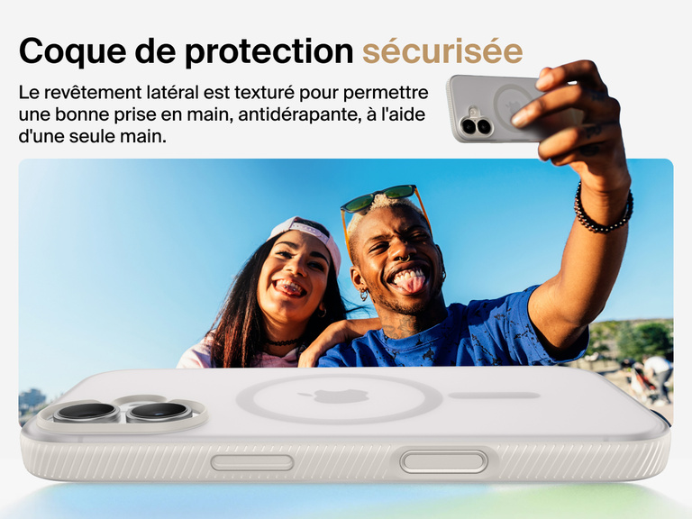 Belkin SheerForce Grip Series Case for iPhone 17 with military-grade drop protection and textured non-slip grip.