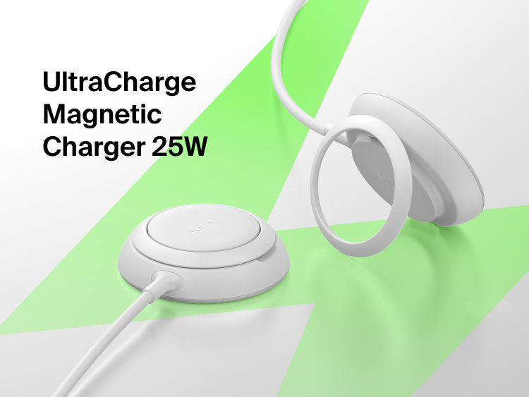 Belkin UltraCharge Magnetic Charger with Qi2 25W shown as a sleek magnetic charging pad and stand designed for fast, secure wireless charging.