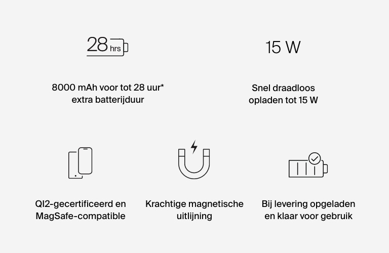 Onderweg opladen met Qi2. Laad je apparaten op met de nieuwste draadloze magneettechnologie met een vermogen tot 15 W.