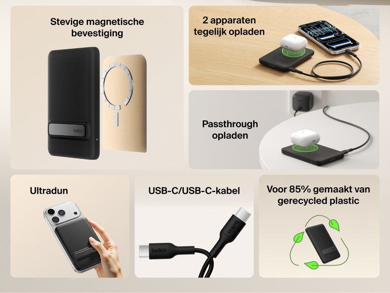 Belkin BoostCharge Slim Magnetic Power Bank 5K with Qi2 shown highlighting secure magnetic attachment, ultra-slim design, dual-device charging, USB-C connectivity, pass-through charging, and sustainability features.