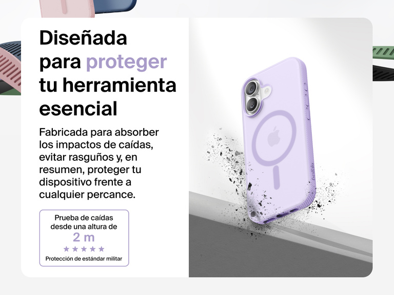 Belkin SheerForce Grip Series Case for iPhone 17 shown with textured grip and impact protection against drops.