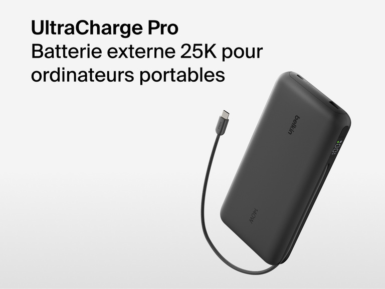 Belkin UltraCharge Pro Laptop Power Bank 25K with integrated cable and digital display, high-capacity portable charger for laptops and devices