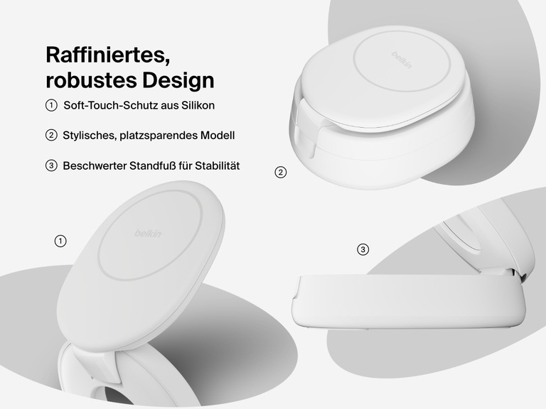 Belkin BoostCharge 2-in-1 Convertible Magnetic Charging Stand with Qi2 15W features soft-touch silicone, a space-saving foldable design, and a weighted base for added stability.