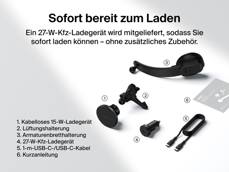 Belkin BoostCharge Magnetic Wireless Charging Car Vent and Dash Mount shown with all included components: 15W charger, vent mount, dash mount, 27W car adapter, USB-C cable, and quick start guide.