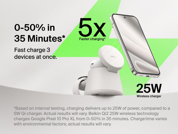Belkin UltraCharge Modular Charging Dock with Qi2 25W highlighting fast wireless charging up to 25W, delivering up to 5x faster performance and charging compatible smartphones from 0&ndash;50% in about 35 minutes while powering multiple devices at once.