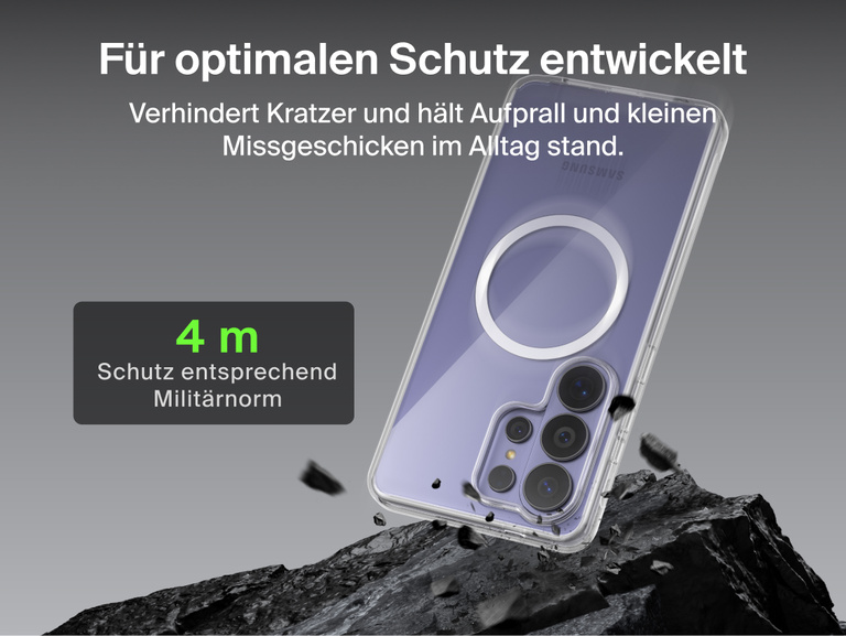Belkin SheerForce Clear Series Case for Samsung Galaxy S26 shown protecting a phone during impact, highlighting slim design with 13 ft / 4 m military-grade drop protection and built-in Qi2 wireless charging support.