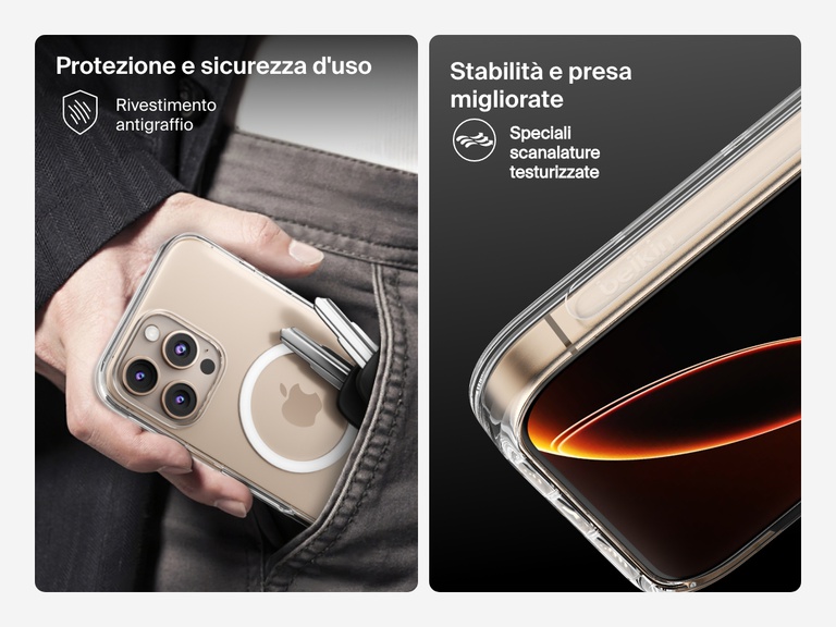 A dual-image showcase of the SheerForce™ Magnetic iPhone Case's key protective features. The left image highlights the anti-scratch coating, showing the case protecting an iPhone from keys in a pocket. The right image focuses on the enhanced stability and grip, featuring special textured grooves that improve handling and reduce the risk of slipping.