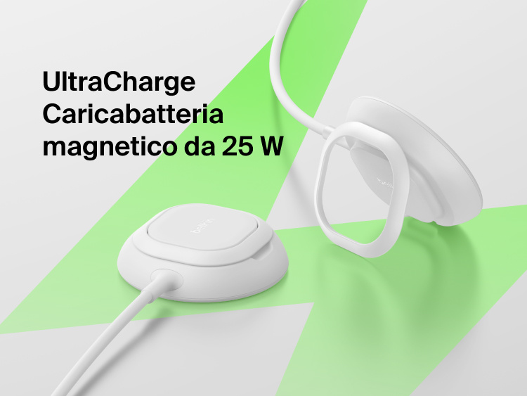 Immagine di un caricabatteria magnetico con Qi2 25W Belkin UltraCharge, che evidenzia il raffinato tappetino di ricarica magnetica con supporto. Una soluzione ideale per una ricarica wireless rapida e sicura.
