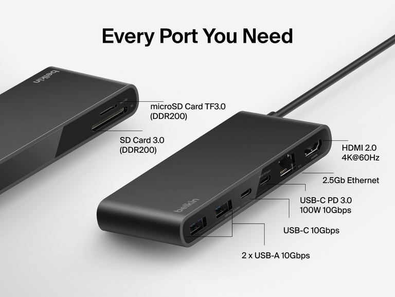 Belkin Connect 8-Port USB-C Hub with 2.5Gb Ethernet showcasing all available ports including HDMI 2.0 4K@60Hz, USB-C PD 3.0 100W 10Gbps, 2 USB-A 10Gbps, SD and microSD card slots, and Ethernet for comprehensive device connectivity.