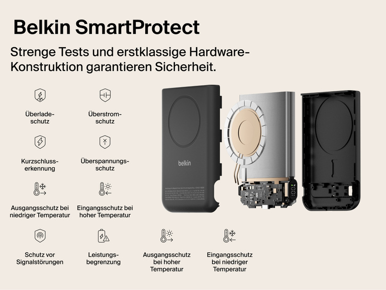 Belkin UltraCharge Pro Power Bank 10K with magnetic ring shown attached to a smartphone, highlighting a precharged battery and ready-to-use portable wireless charging straight out of the box.