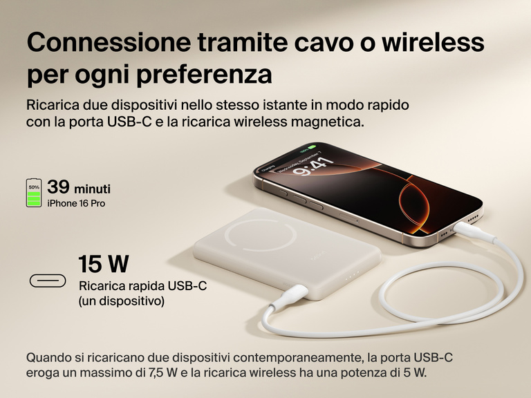 Belkin BoostCharge Slim Magnetic Power Bank 5K shown charging a smartphone via USB-C, highlighting 15W fast charging and dual wired or magnetic wireless power capability.