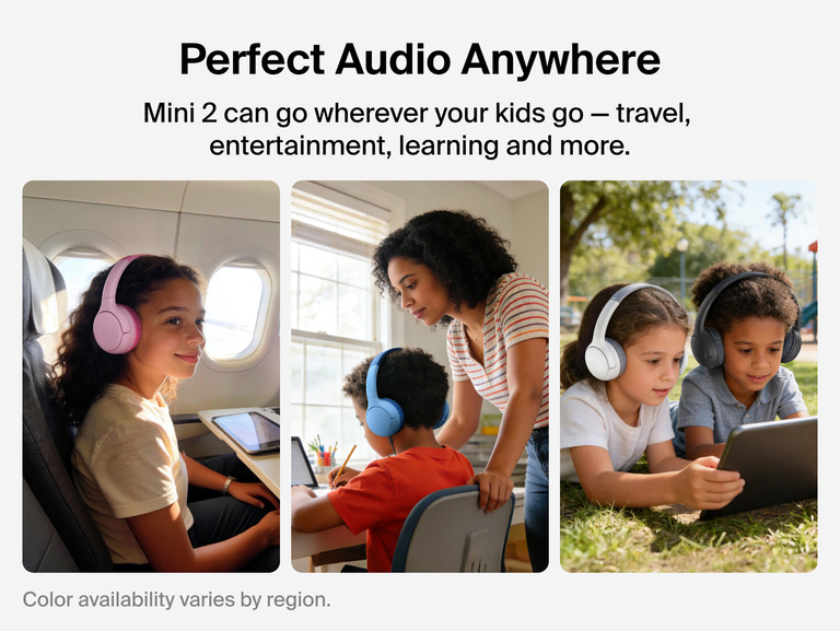 SoundForm Mini 2 Wireless On-Ear Headphones for Kids shown in three lifestyle scenarios: a child wearing them on an airplane with a tablet, a child using them at a desk with an adult, and two children lying on grass sharing a tablet outdoors