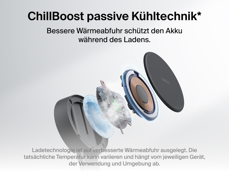 Die Belkin UltraCharge Pro verstellbare, magnetische 2-in-1-Ladestation mit Qi2&nbsp;25W zeichnet sich durch die passive K&uuml;hltechnik ChillBoost aus, die f&uuml;r eine verbesserte W&auml;rmeabfuhr sorgt und den Akku w&auml;hrend des Ladens schont.