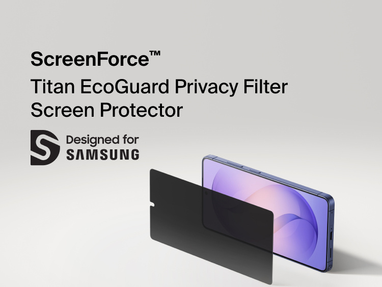 Belkin ScreenForce Titan EcoGuard Privacy Filter Screen Protector for Samsung Galaxy S26 shown aligned to a smartphone display, helping shield on-screen content from side views while protecting against scratches and everyday wear.