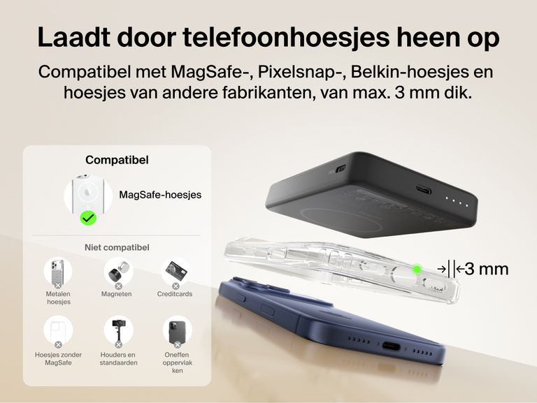 Belkin BoostCharge Slim Magnetic Power Bank 10K charging through a MagSafe-compatible phone case up to 3mm thick with clear compatibility and non-compatible case examples