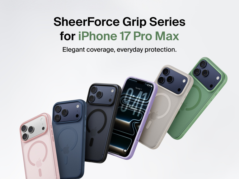 Belkin SheerForce Grip Series protective case for iPhone 17 shown in pink, clear, and black with slim design and MagSafe compatibility.