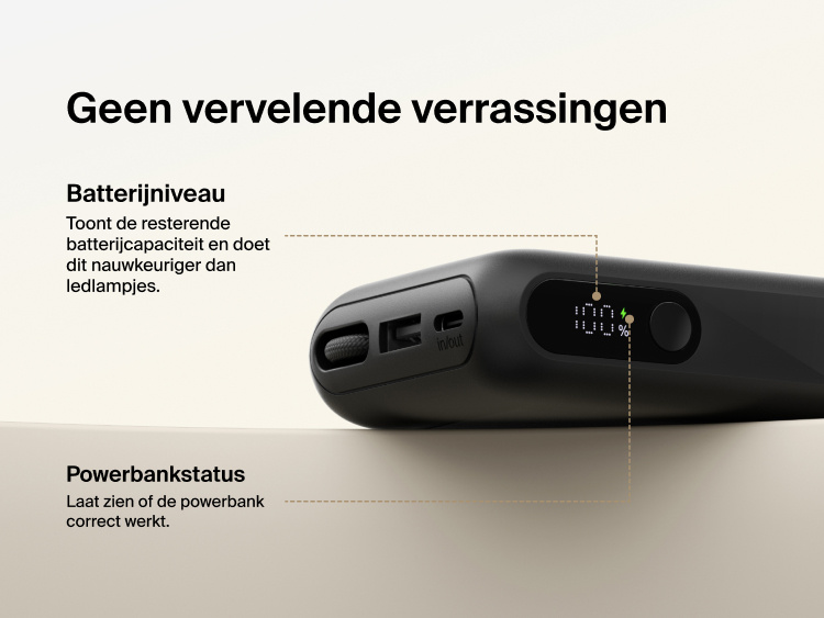 Belkin UltraCharge 10K power bank with integrated USB-C cable and digital display showing real-time battery percentage and charging status
