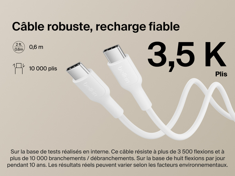 Belkin BoostCharge Slim Magnetic Power Bank 5K shown with durable USB-C to USB-C cable designed for 3,500+ bends and reliable long-lasting charging performance.