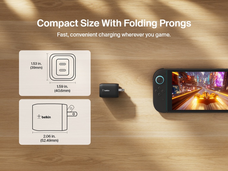 Belkin Gaming Dual USB-C Wall Charger 65W features a compact, travel-friendly design with folding prongs, ideal for fast charging the Nintendo Switch 2 on the go.