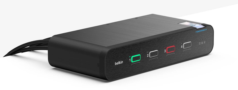 A sleek, black Belkin Universal DisplayPort Secure KVM 4-Port Single Head without CAC device, featuring illuminated port indicators and labeled buttons for secure switching between two computers.