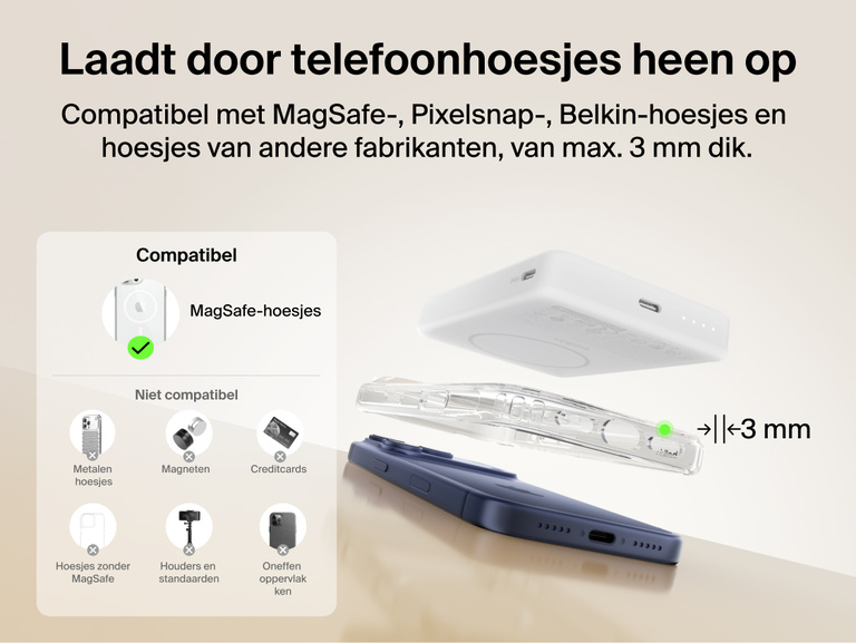 Belkin BoostCharge Slim Magnetic Power Bank 10K charging through a MagSafe-compatible phone case up to 3mm thick with clear compatibility and non-compatible case examples