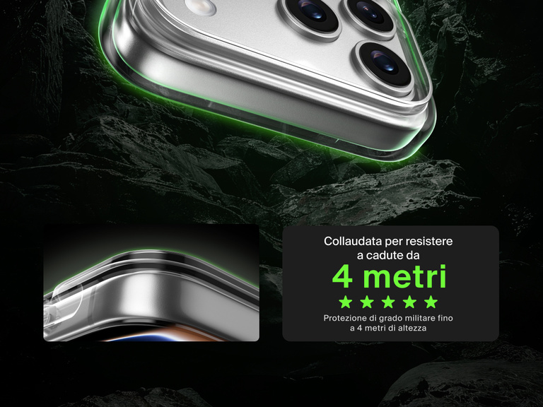 Belkin SheerForce Clear Series Case for iPhone 17 shown with 13-foot drop test and military-grade protection.