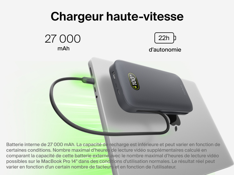 UltraCharge Pro Laptop Power Bank 27K delivering high-speed 240W charging via integrated USB-C cable while powering a laptop with digital battery display