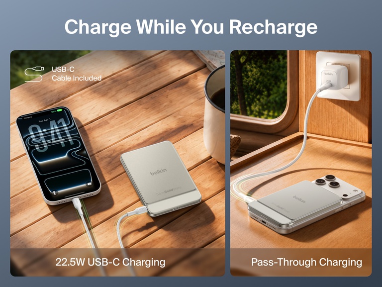 Belkin UltraCharge Pro Slim Magnetic Power Bank 5K with BoostSolid Cell demonstrating 22.5W USB-C charging and pass-through charging with a smartphone.
