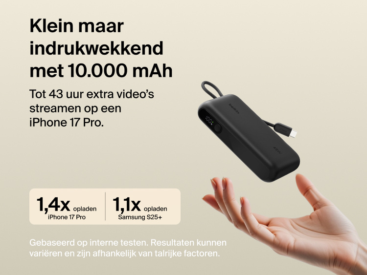 Belkin UltraCharge 10K power bank with integrated USB-C cable and digital display, delivering up to 45W fast charging and extended battery life for smartphones