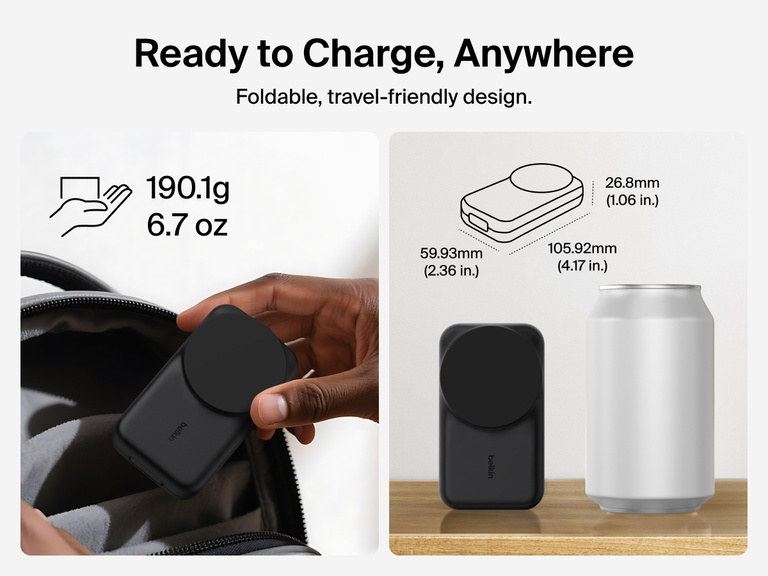 Belkin UltraCharge 3-in-1 Foldable Magnetic Charger with Qi2 25W features a compact, travel-friendly design weighing 6.7 oz and sized for portability.