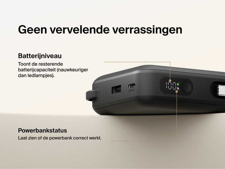 Belkin UltraCharge 20K 45W power bank with digital display showing real-time battery percentage and charging status for accurate power monitoring