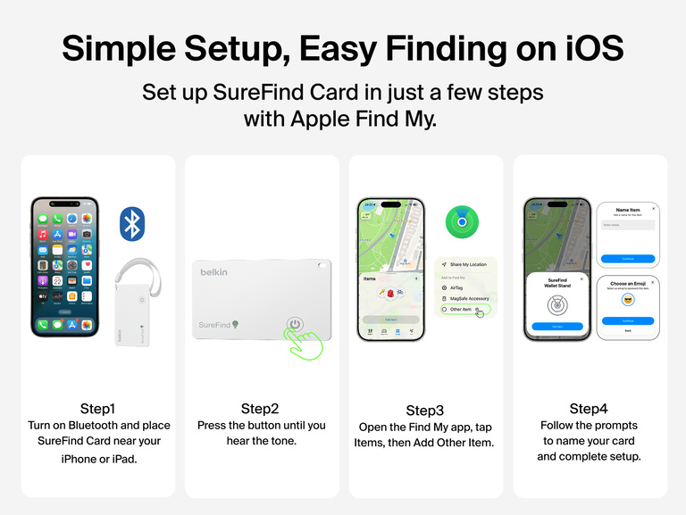 Four-step guide shows how to set up Belkin SureFind Card with Apple Find My using Bluetooth and the Find My app on iPhone or iPad.