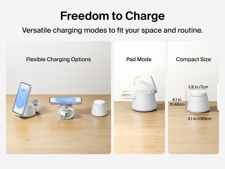Belkin UltraCharge Modular Charging Dock with Qi2 25W showing flexible wireless charging options, including stand and pad modes, in a compact space-saving design for everyday device charging.