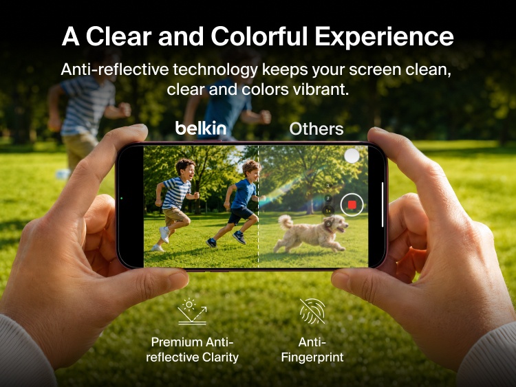 Belkin Titan SmartShield Bright Privacy Screen Protector for iPhone 18 demonstrating premium anti-reflective clarity and anti-fingerprint protection for a clear viewing experience.