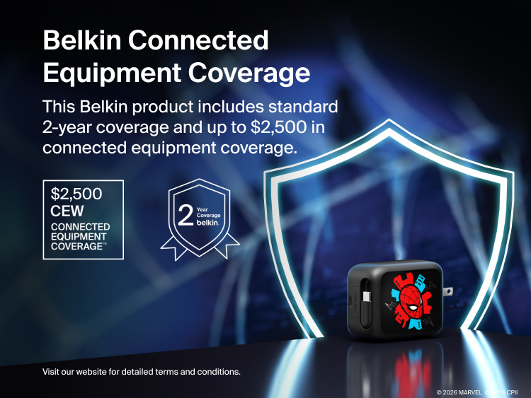 Belkin UltraCharge Retractable GaN Wall Charger 67W with built-in retractable USB-C cable featuring Belkin Connected Equipment Coverage with 2-year warranty and device protection.