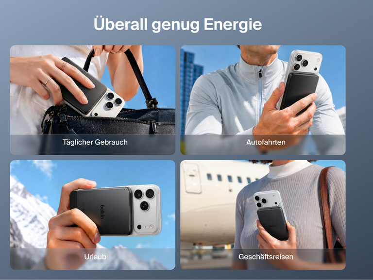 Die Belkin UltraCharge Pro schlanke magnetische Powerbank 5K mit BoostSolid-Zelle wird beim Gebrauch in folgenden Situationen gezeigt: unterwegs im Alltag, auf Wochenendreisen, auf dem Arbeitsweg und auf Gesch&auml;ftsreisen.