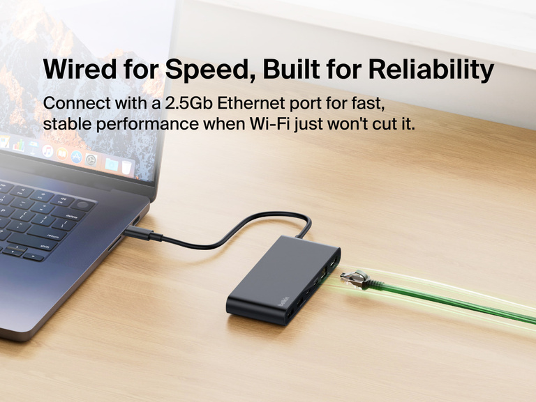 Belkin Connect 8-Port USB-C Hub with 2.5Gb Ethernet connected to a laptop via Ethernet cable, demonstrating fast and reliable wired internet performance for stable connectivity.