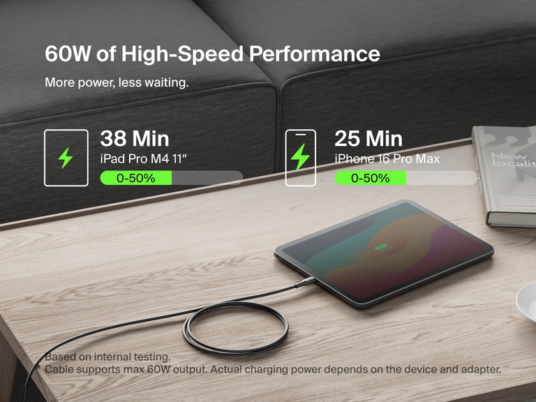 A Belkin BoostCharge Pro USB-C to USB-C Braided Cable 60W charges an iPad Pro M4 11" and iPhone 16 Pro Max with high-speed performance, reaching 50% in 38 and 25 minutes respectively.