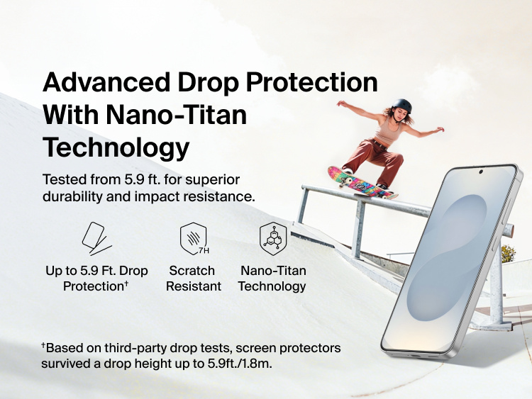 Belkin ScreenForce Titan EcoGuard Privacy Filter Screen Protector for Samsung Galaxy S26 shown demonstrating Nano-Titan technology with up to 5.9-ft drop protection and scratch resistance for durable, everyday screen protection.