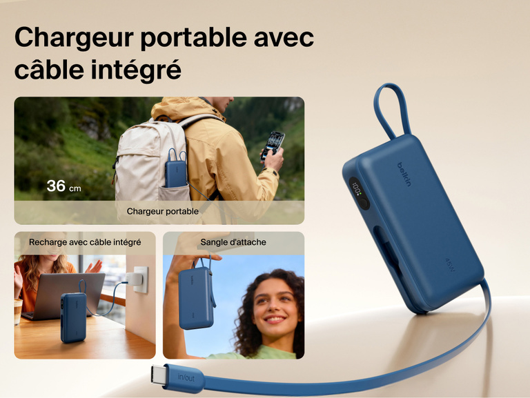 Belkin UltraCharge 20K 45W power bank with integrated USB-C cable for on-the-go charging, easy recharging, and convenient carry strap functionality