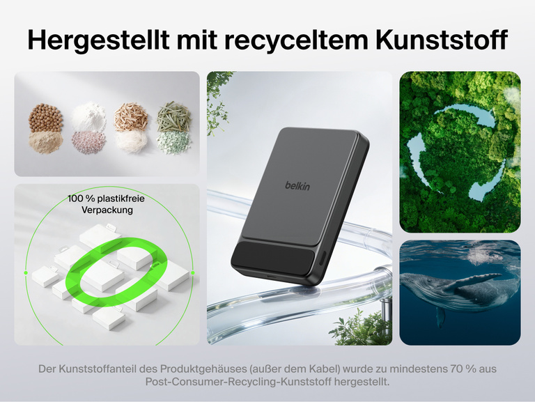 Belkin UltraCharge Slim Magnetic Power Bank 10K highlighting sustainable design made with recycled plastic and plastic-free packaging for eco-friendly portable charging