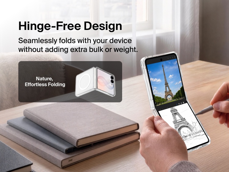 Belkin Clear Series Case for Samsung Galaxy Z Flip8 features a lightweight hinge-free design that folds naturally with the device without added bulk.