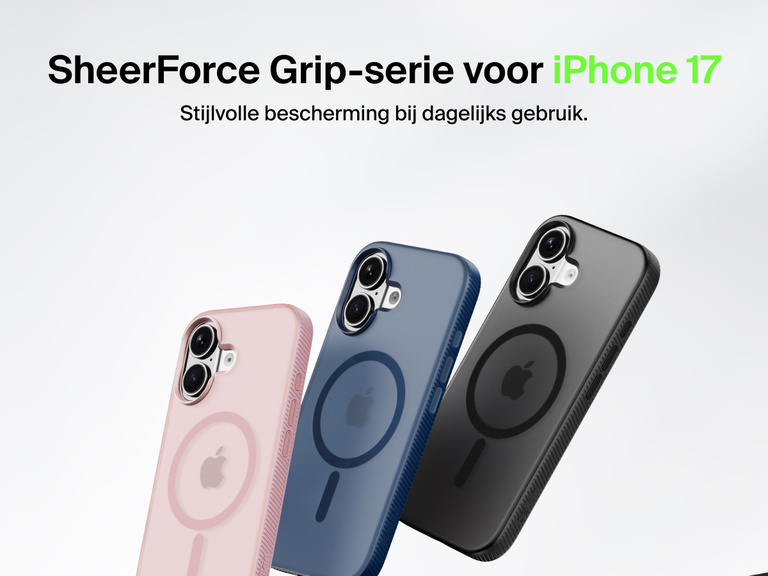 Belkin SheerForce Grip Series protective case for iPhone 17 shown in pink, clear, and black with slim design and MagSafe compatibility.