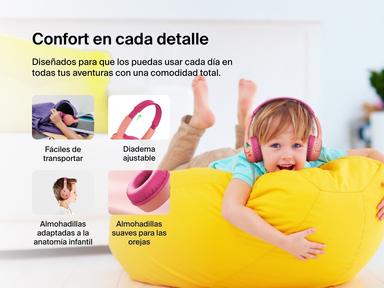Smiling child wearing Belkin Wired On-Ear Headphones for Kids while lounging on a yellow beanbag, with callouts for soft ear cushions, adjustable headband, kid-sized earcups, and easy portability.