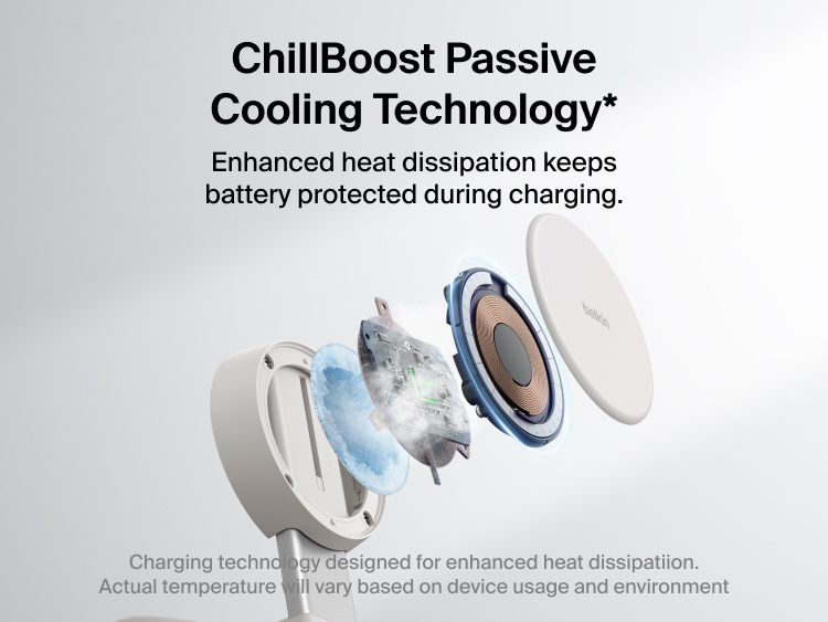 Belkin UltraCharge Pro 2-in-1 Convertible Magnetic Charger with Qi2 25W features ChillBoost passive cooling technology to enhance heat dissipation and help protect device batteries during fast wireless charging.