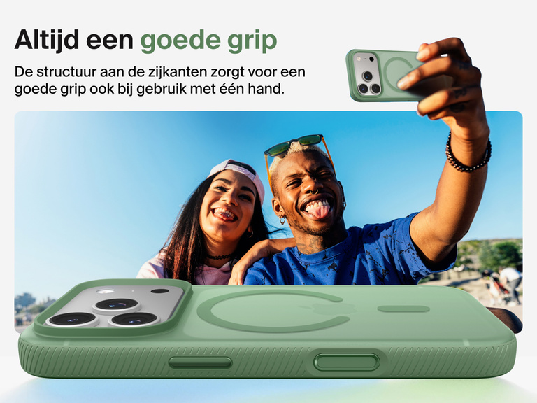 Belkin SheerForce Grip Series Case for iPhone 17 with military-grade drop protection and textured non-slip grip.