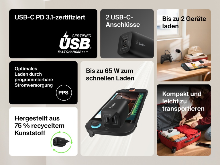 Infografik, die die Merkmale des Belkin Gaming USB-C-Ladegeräts (65 W) zeigt: USB-C PD 3.1-Zertifizierung, PPS zum schnellen Laden, Unterstützung für zwei Geräte und Kompatibilität mit der Nintendo Switch 2.